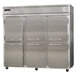 A large stainless steel Continental Refrigerator with three half doors open.