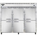 A Continental Refrigerator extra-wide dual temperature reach-in refrigerator/freezer with half doors open.