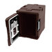 A brown plastic box with a door open.