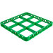 A green plastic grid with nine squares and holes.