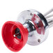 A red and silver metal whisk attachment with a red handle.