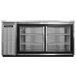 A Continental Refrigerator stainless steel back bar refrigerator with sliding glass doors.