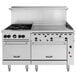 A large stainless steel Vulcan commercial gas range with 4 burners, a 36" thermostatic griddle, and 2 standard ovens.