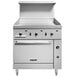 A large steel Vulcan gas range with a griddle, oven, knobs, and a handle.