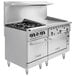 A large stainless steel Vulcan commercial range with burners and griddle over two ovens.