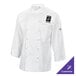 A white Mercer Culinary chef coat with a black logo.