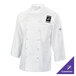 A white Mercer Culinary chef's coat with black logo.
