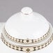 A white teapot with gold trim and lid.