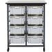 A black metal storage cart with eight white bins.