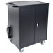 A black metal Luxor laptop charging cart with wheels.