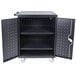 A black metal cabinet with shelves.