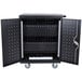A black metal cabinet with wheels.
