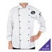 A person wearing a white Mercer Culinary chef jacket with black piping.