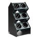 A black and silver stand with six black perforated cylinders.