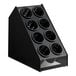 A black Vollrath countertop flatware organizer with black perforated cylinders.