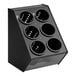 A black countertop organizer with 6 black perforated cylinders.