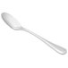 A silver Libbey stainless steel demitasse spoon with a white handle.