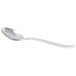 A Libbey stainless steel dessert spoon with a white handle.