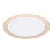 A white porcelain dinner plate with gold trim on the rim.