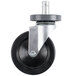 A close-up of a black and silver Metro Super Erecta swivel stem caster wheel.