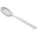 A Libbey stainless steel dessert spoon with a long handle.