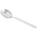 A close-up of a Libbey stainless steel bouillon spoon with a silver handle.