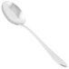 A close-up of a World Tableware stainless steel bouillon spoon with a silver handle.