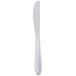 A silver dinner knife with a white handle.