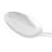 A Libbey stainless steel serving spoon with a white handle.