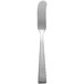 A silver butter knife with a white handle.