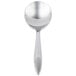 A close-up of a Libbey stainless steel bouillon spoon with a black handle.