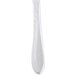 A silver steak knife with a curved handle on a white background.