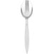A close-up of a Libbey stainless steel dessert spoon with a white handle.