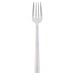 A silver stainless steel salad fork with a long handle.