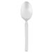 A stainless steel Libbey demitasse spoon with a white handle.