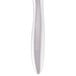 A silver steak knife with a white handle.