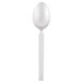 A Libbey stainless steel dessert spoon with a white handle and a black border on a white background.