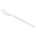 A Libbey stainless steel cocktail fork with a white handle on a white background.