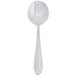 A Libbey stainless steel bouillon spoon with a white handle and silver spoon.