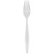 A close-up of a Libbey Slenda stainless steel dinner fork with a white handle.