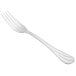 A Libbey stainless steel dinner fork with a white handle on a white background.