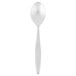 A Libbey stainless steel serving spoon with a white handle.