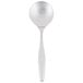 A close-up of a Libbey stainless steel bouillon spoon with a white handle.