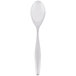 A close-up of a Libbey stainless steel teaspoon with a white handle and spoon.