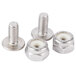 A silver nut and three silver screws on a white background.