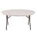 A mocha granite Correll round folding table with black legs.