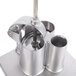 A stainless steel Robot Coupe food processor feed head with a metal handle.