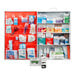 A large, multi-shelf first aid kit cabinet containing various medical supplies and emergency items.