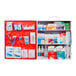 A red Noble Products first aid kit cabinet with three shelves filled with medical supplies.