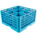 A blue plastic Carlisle glass rack with 9 compartments and extenders.